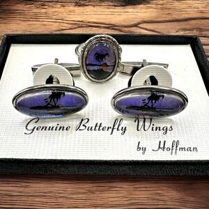 Vintage Hoffman Butterfly Wing Palm Tree Cufflinks & Child Ring Set w/ Box